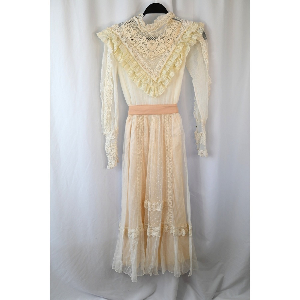 Jessica McClintock Vintage 70s Prairie Dress Lace Victorian Wedding Blush Sash